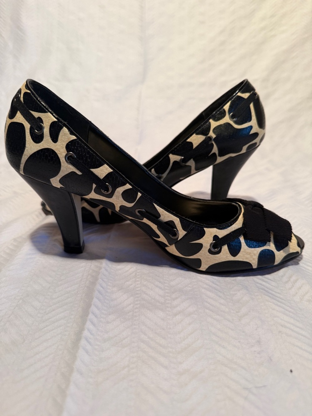 Madden Girl Black and Beige Peep-Toe Heels with Bow Accent - Picture 4 of 8